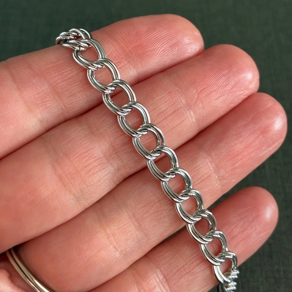 Vintage Sterling Silver Bracelet Double Curb Link Starter Charm Estate 925 7 " - Picture 6 of 10
